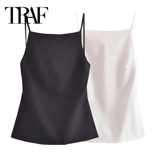 TRAF Black Backless Top Female Sleeveless White Crop Top Women Summer Sexy Tops Woman Party Women's Evening Top With Straps