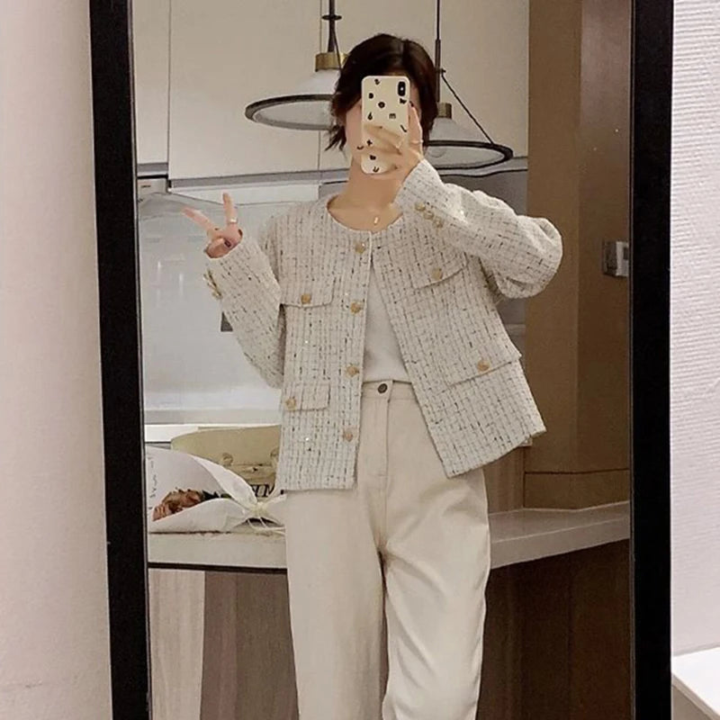 Hdspq Chic Striped Tweed Jackets Women 2023 Autumn Woman O Neck Long Sleeve Coats Woman with Pocket Korean Style Jacket Outwear