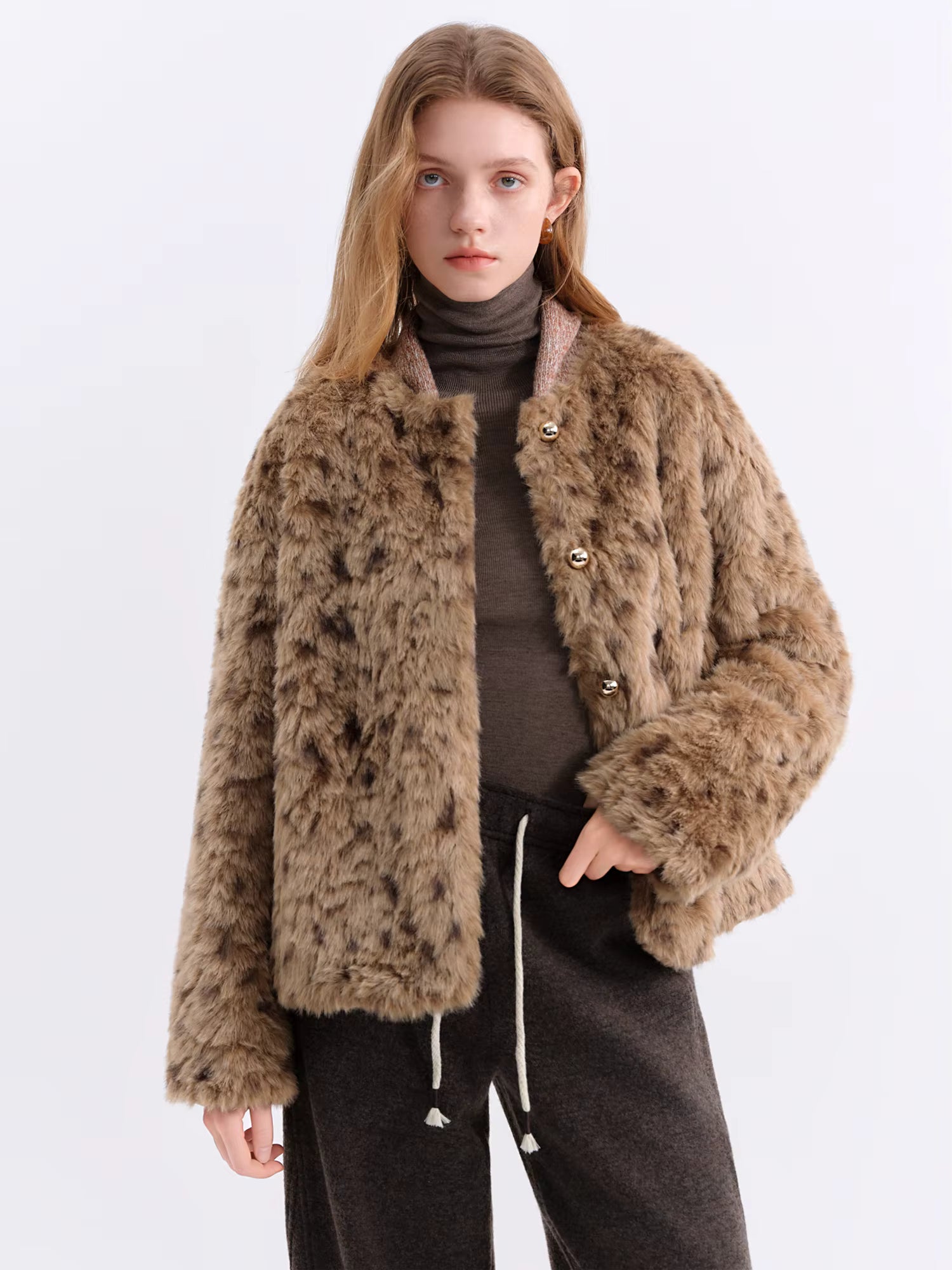 Chestnut Brown Leopard Print Women Faux Fur Stylish A-Line Trench Coat Fall Winter 2025 New Arrival Cozy Winter Essentials