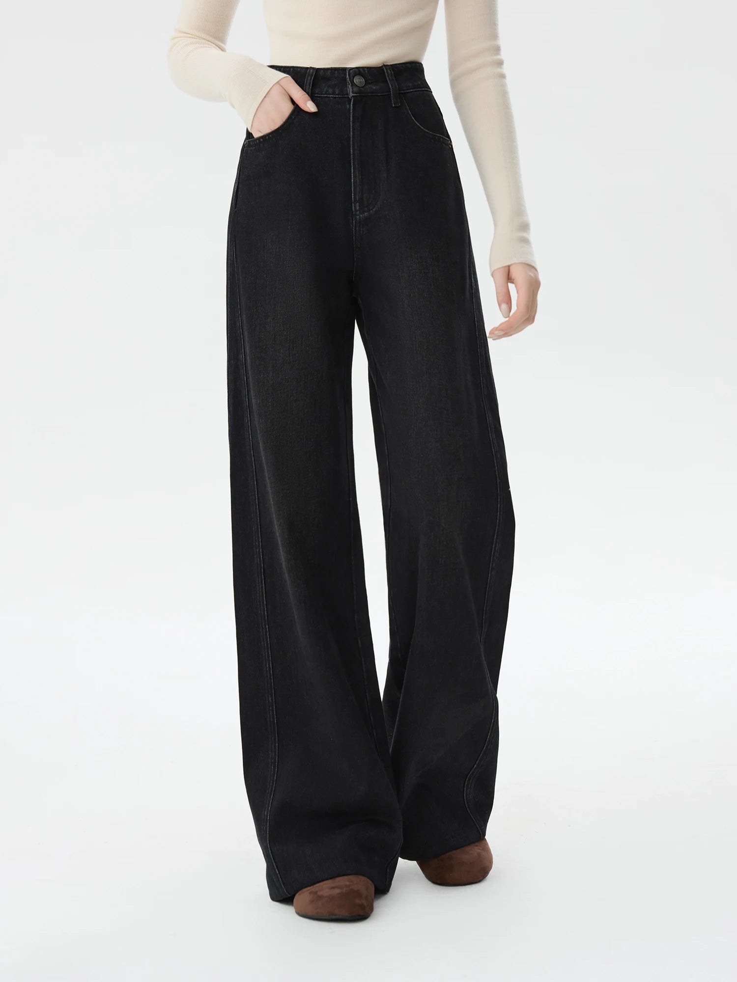 FSLE Office Lady American Retro High Waisted Relaxed Deconstruction Design Wide Leg Jeans for Women 2024 New 24FS14468