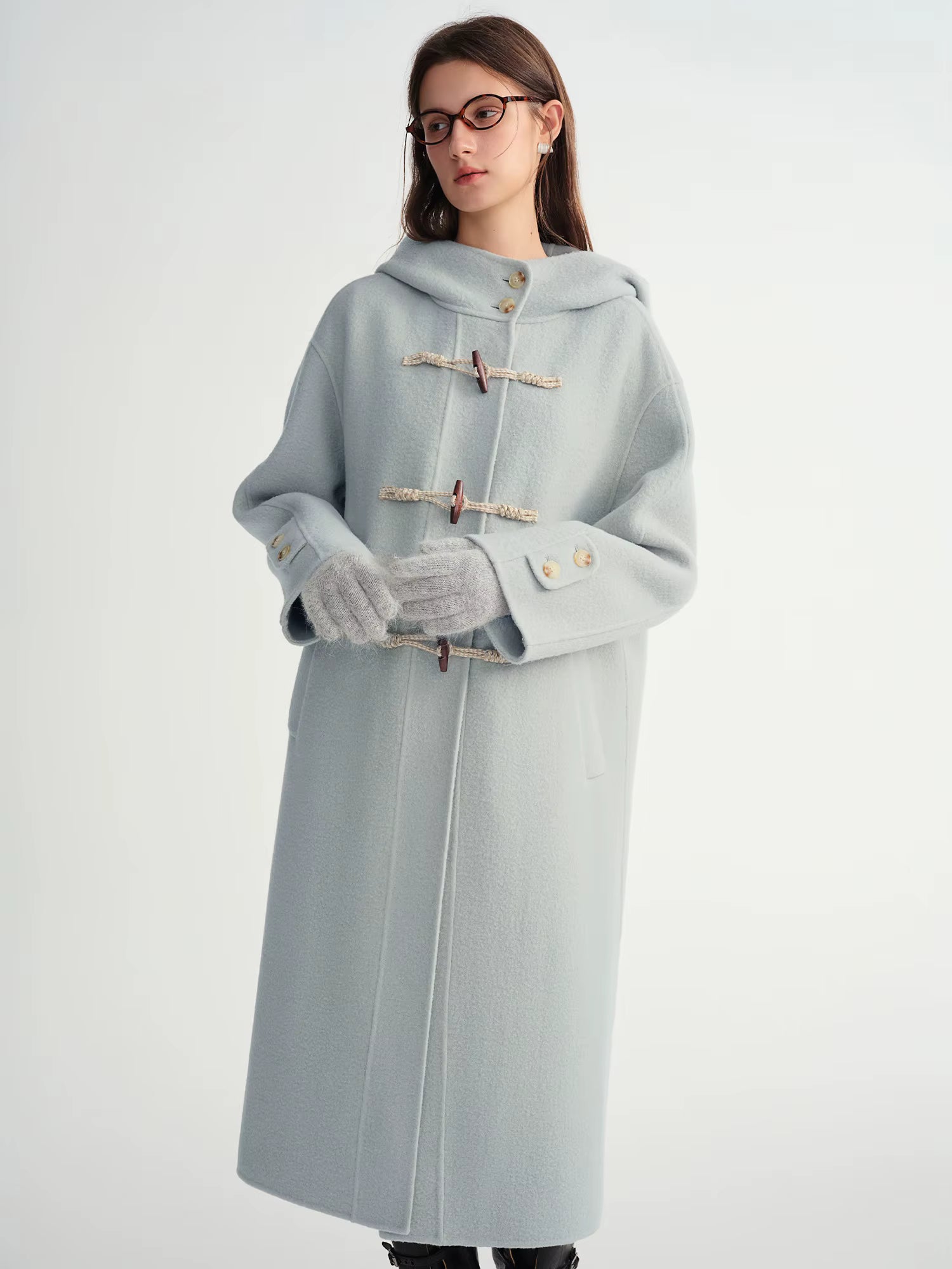 Winter 2025 Women's Horn Button Wool Blend Coat - Korean Style Double Faced Midi Length Stand Collar Casual Elegance
