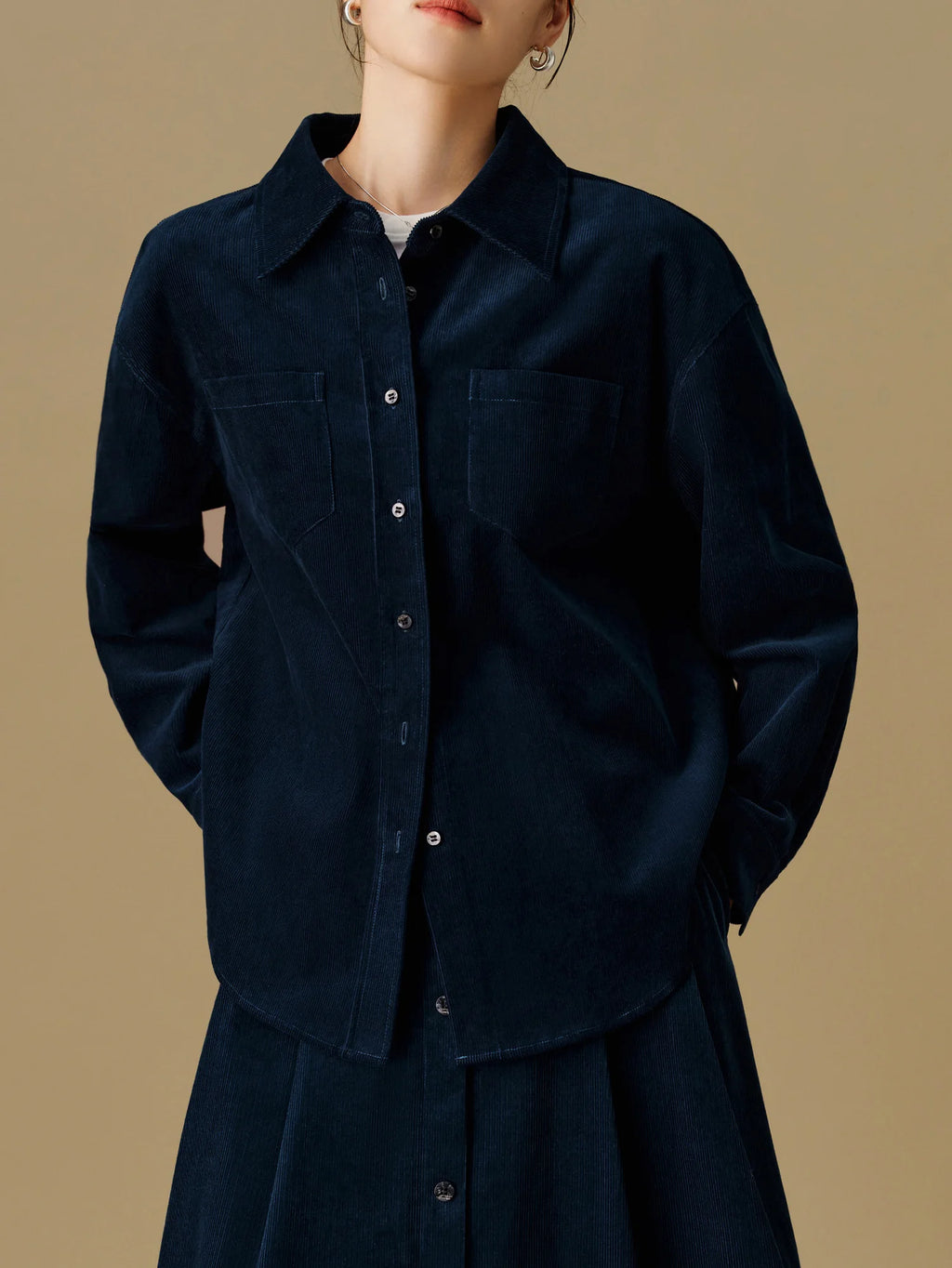 DUSHU Women Corduroy Shirt Skirt Sets Winter Dark Blue Thicken Long Sleeve Blouse Long A-LINE Skirts 24DS84272＋24DS84607