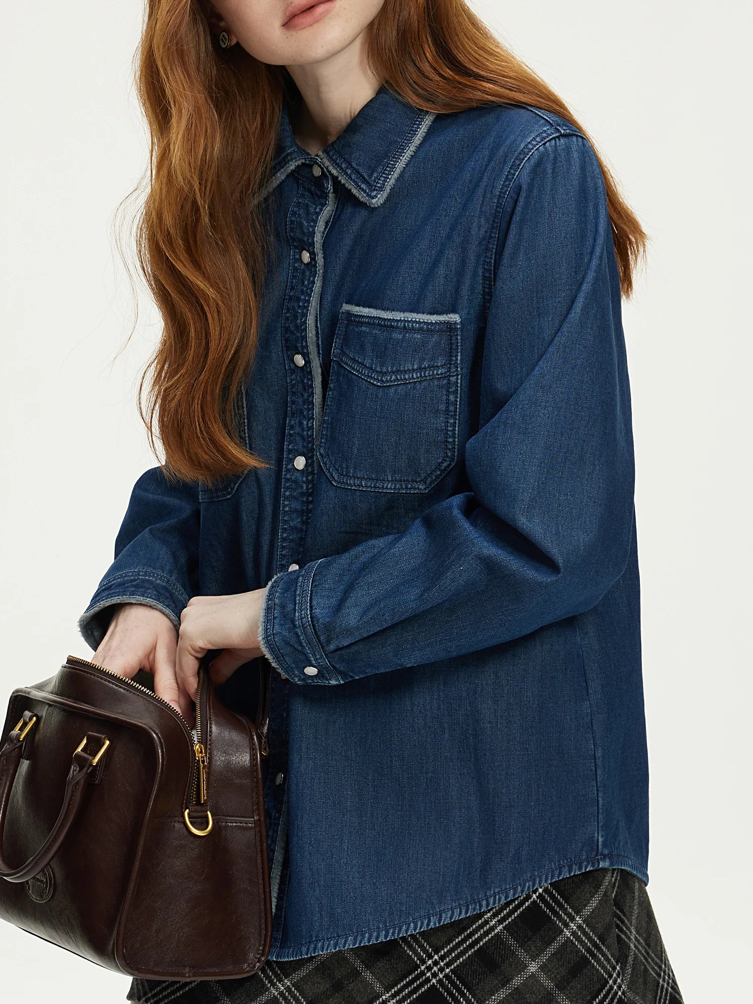 FSLE Cotton Padded Thickened Denim Blue Shirt For Female Fall Winter 2024 New Design Commuter Loose Blouse Cardigan 24FS14296