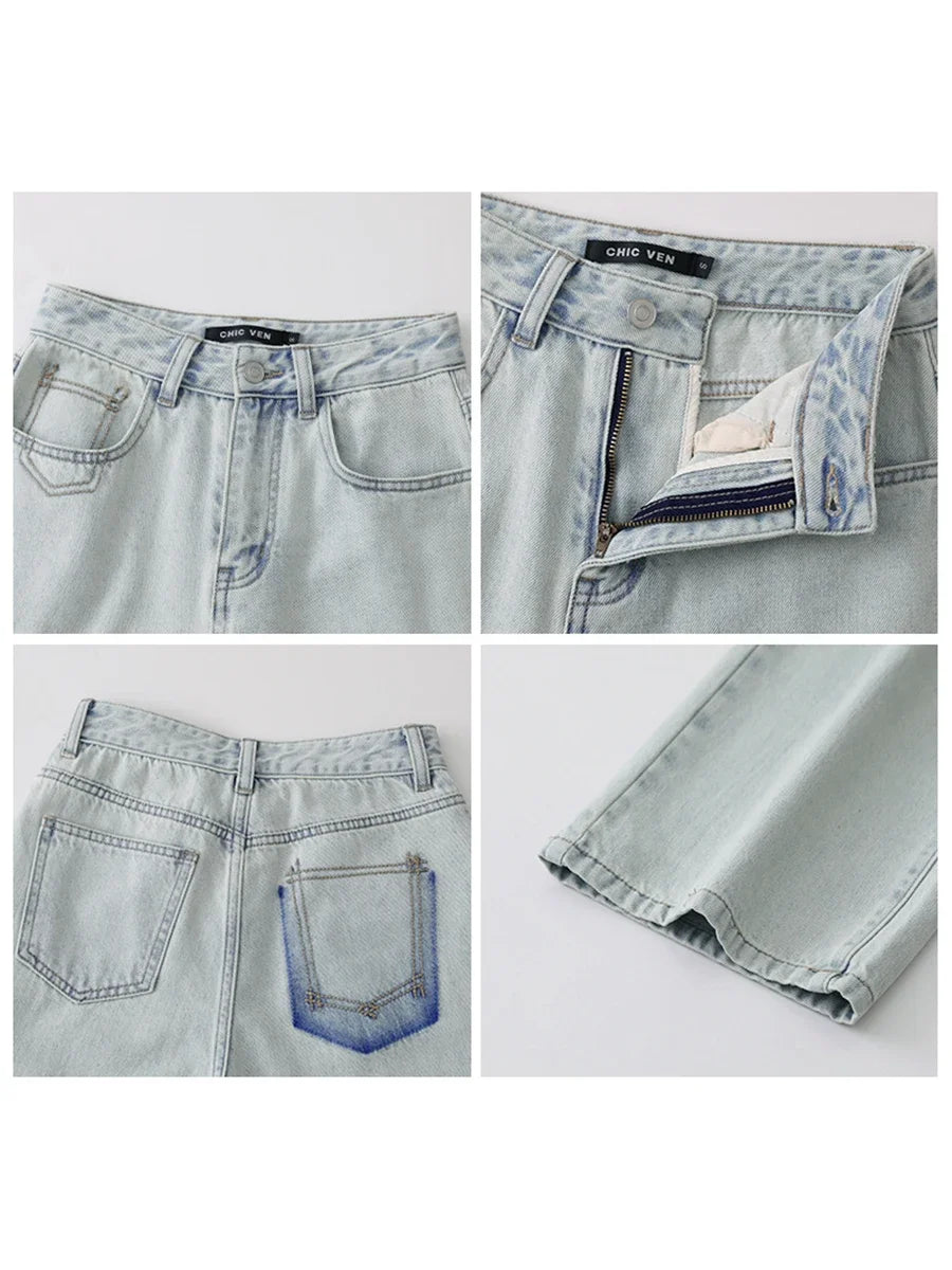 CHIC VEN Women Jeans Casual New High Waisted Cotton Straight Wide Leg Trousers Female Long Denim Pants Spring Autumn 2024