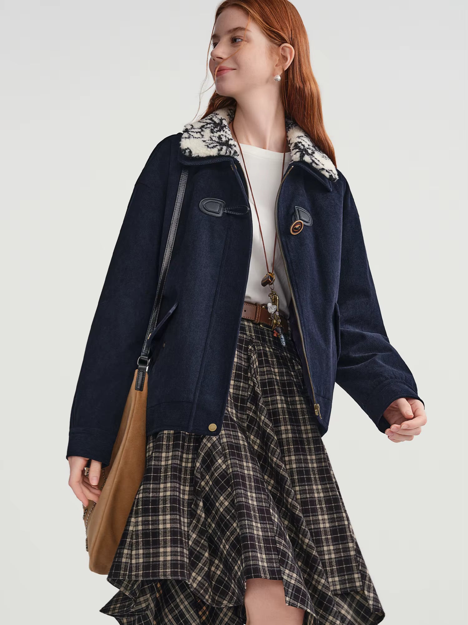 Plus-Size Women's Shearling Collar Corduroy Lined Mid-Classic Blue Tone Jacket Fall-Winter 2025 New Arrival Coat Jackets