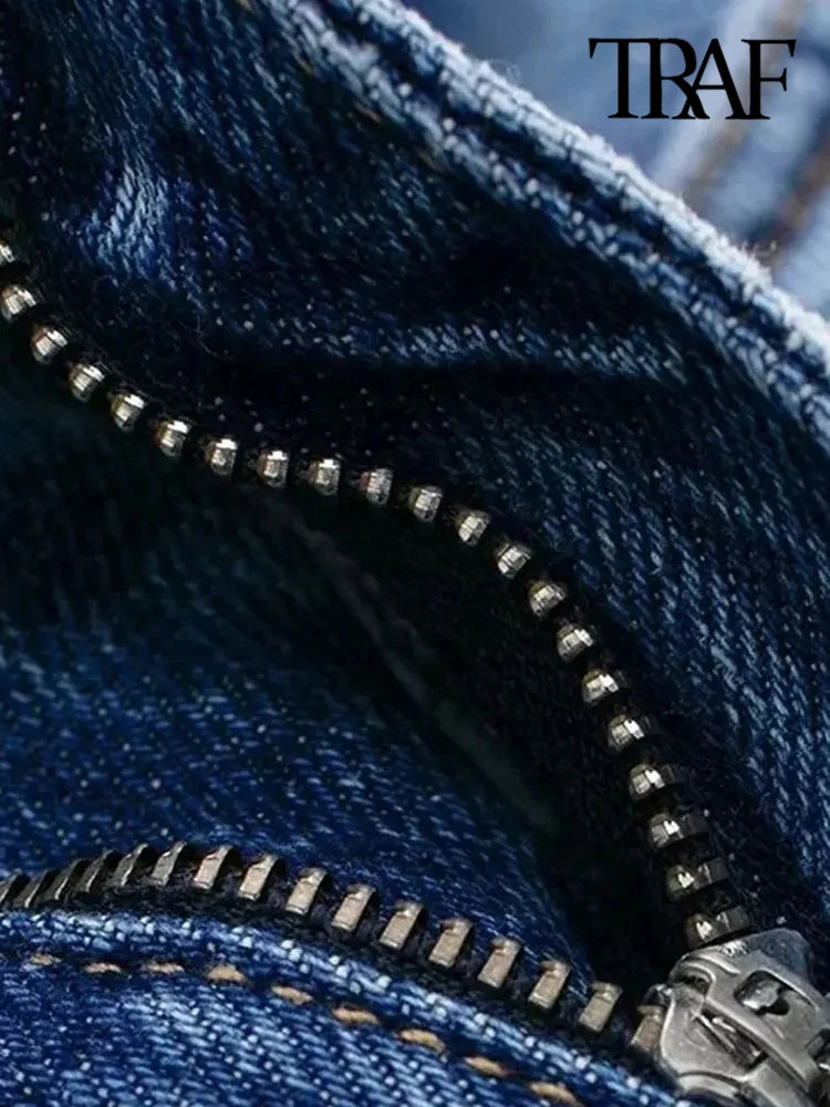 TRAF Women Fashion With Pockets Front Slit Denim Midi Skirt Vintage High Waist Zipper Fly Female Skirts Mujer