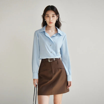 DUSHU Light Blue Spring Women Polo Neck Long Sleeve Blouses Office Lady Simple Modal Solid Shirts Oblique placket Top 24DS81059