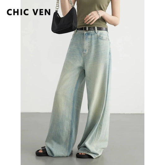 CHIC VEN Women Jeans Blue Loose Casual New High Waisted Straight Wide Leg Trousers Female Long Denim Pants Summer 2024