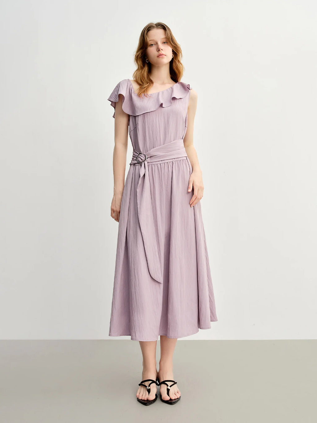DUSHU Light Purple Romantic Ruffled Off-shoulder Sleeveless Dress 2025 Summer New Arrival Long Dress Holiday Season