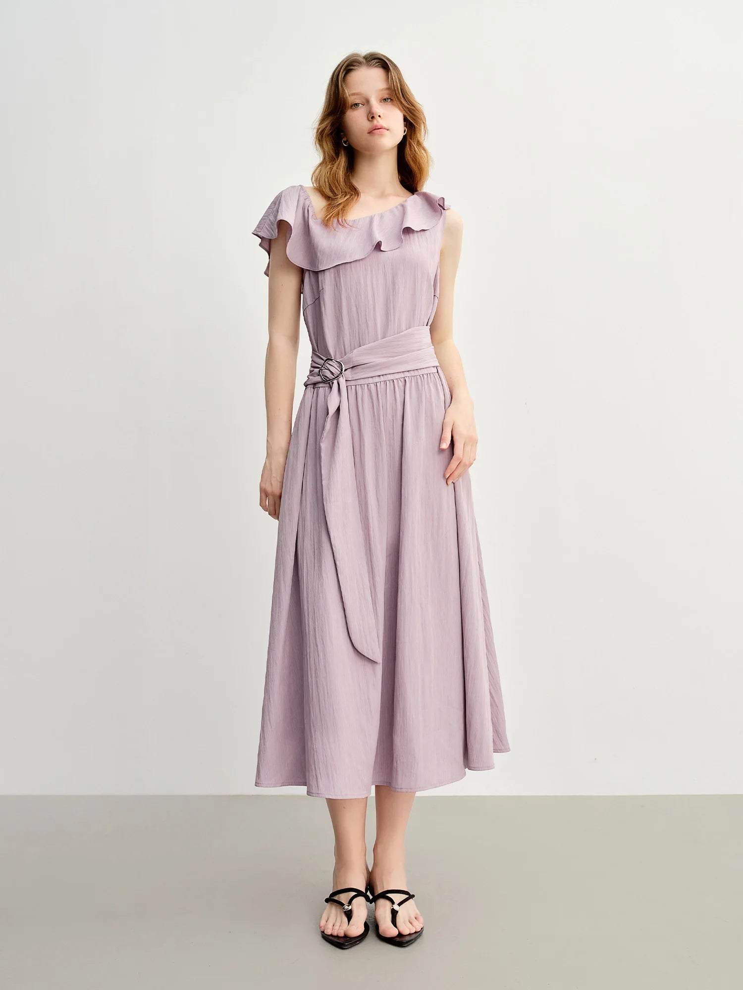 DUSHU Light Purple Romantic Ruffled Off-shoulder Sleeveless Dress 2025 Summer New Arrival Long Dress Holiday Season