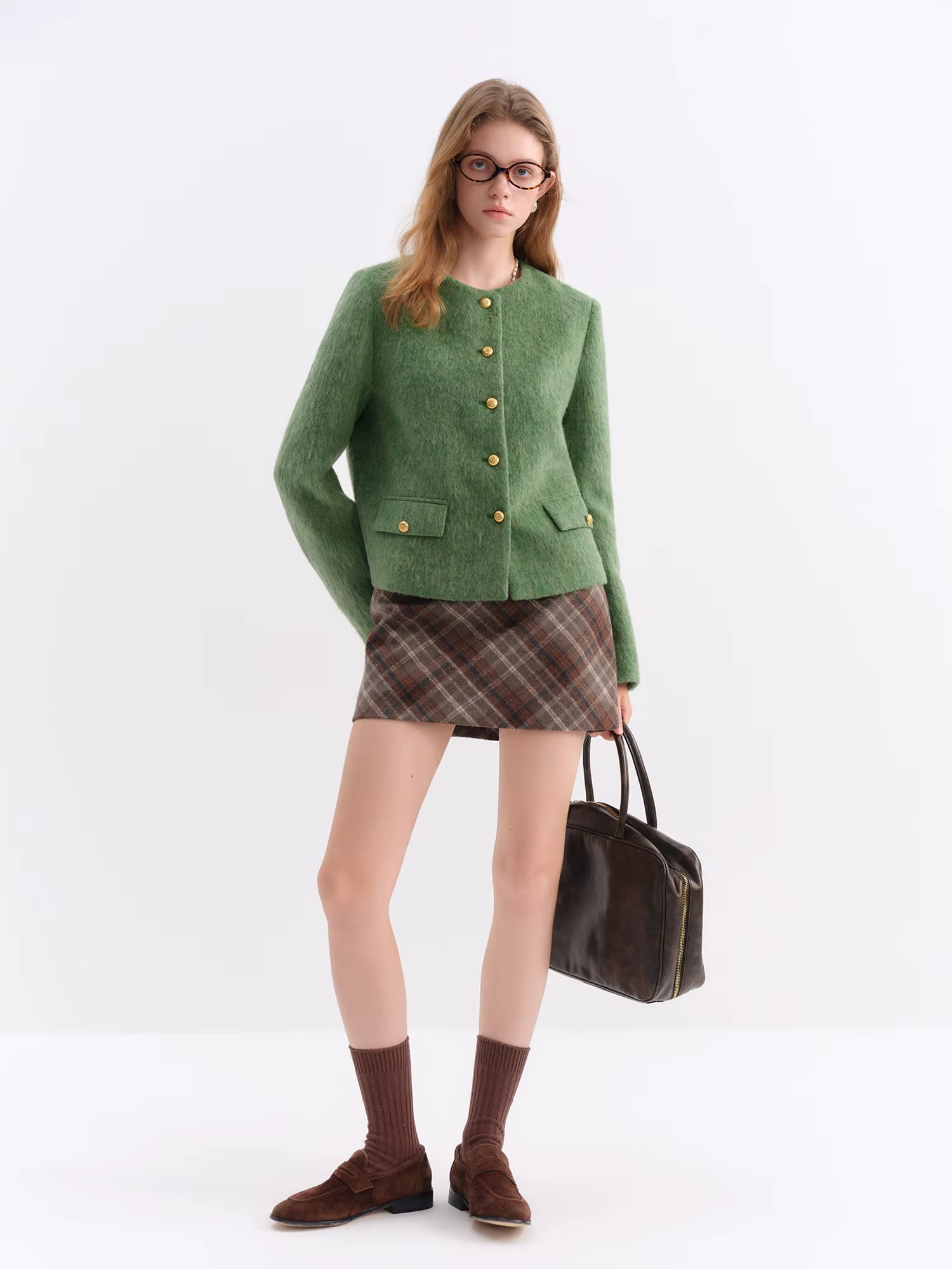 French Style Tweed Round Neck Wool Blend Structured Shoulder Women Coat 2025 New Outerwear Classic Elegant Casual Jacket