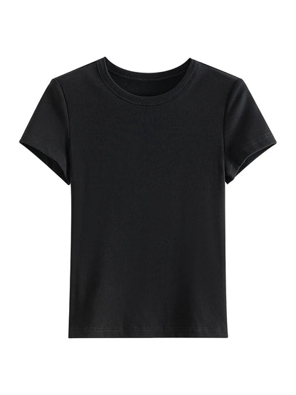 FSLE Summer Classic Solid Round Neck Cleanfit Slim Women's T-Shirt 2024 Summer New Basic Versatile Slim Female Top 24FS12517