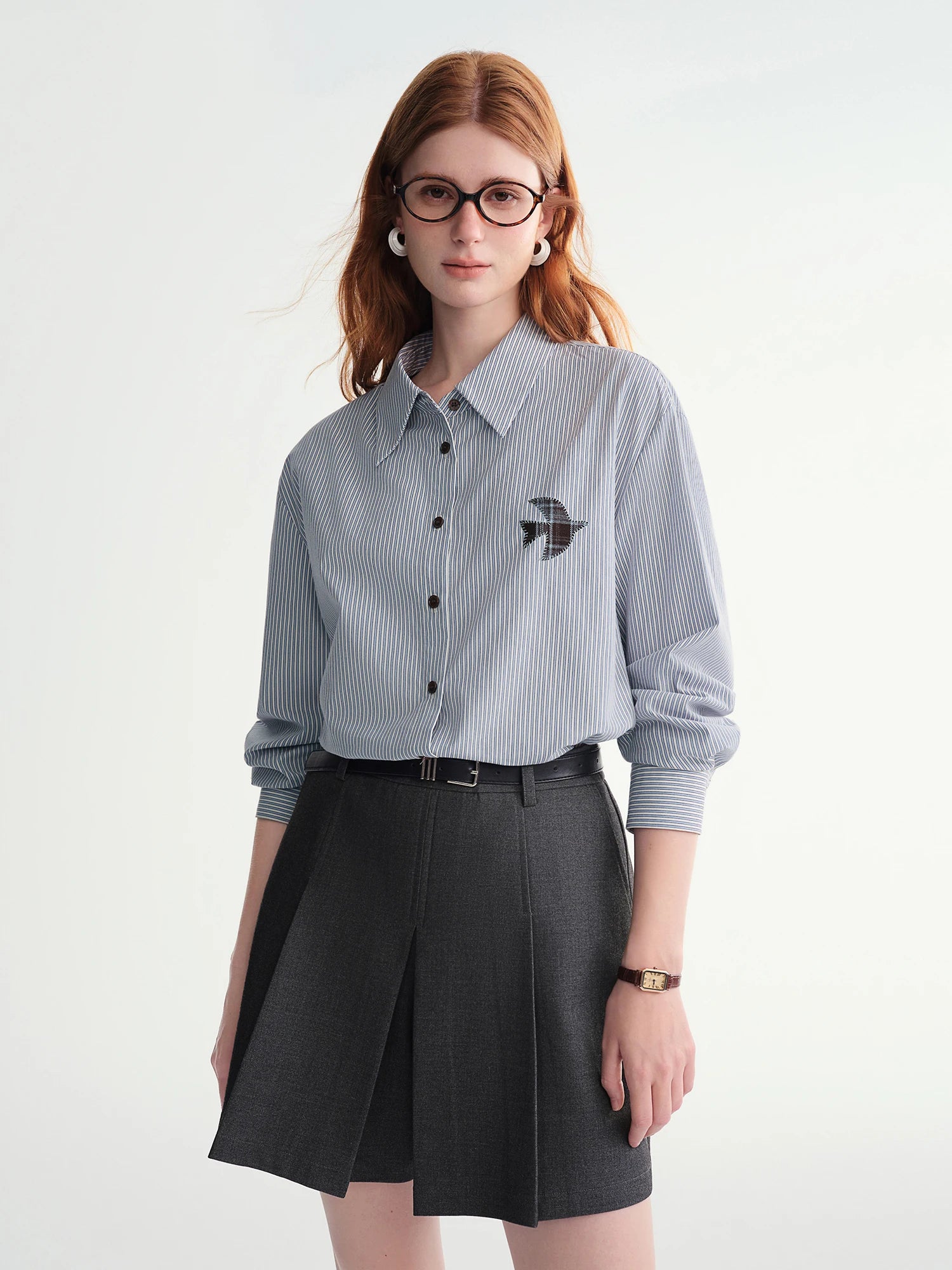 Plus-Size Women Fashion The Birds Artistic Checkered Applique Embroidery Stripe Shirt Winter 2025 Collection Women Shirt