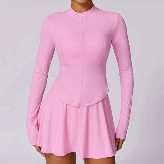 2PCS Women Yoga Set Gym Set Sexy Zipper Long Sleeves Sports Short Skirt Workout Running Clothing Gym Wear Athletic Sport Suit