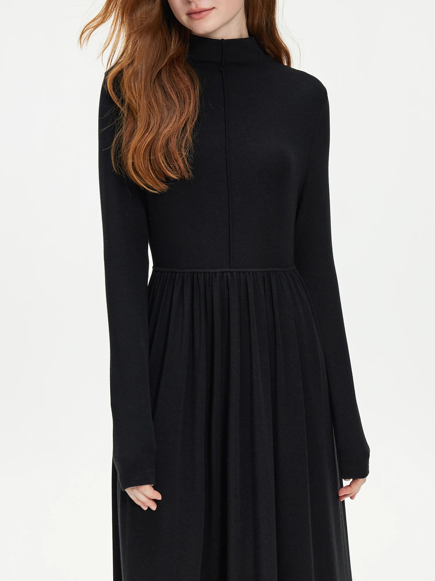 FSLE Women Black Knitted Dress Mock Neck Winter Warm All-Match Black Long Pleated Design Dresses Women Sweater Dress 24FS14498