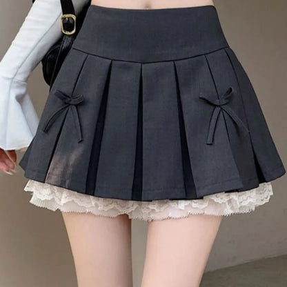 Preppy Style Skirts for Women Mini Pleated Bow Sweet Girls A-line Summer Fashion Clothing High Waist Ins Korean Lace Patchwork