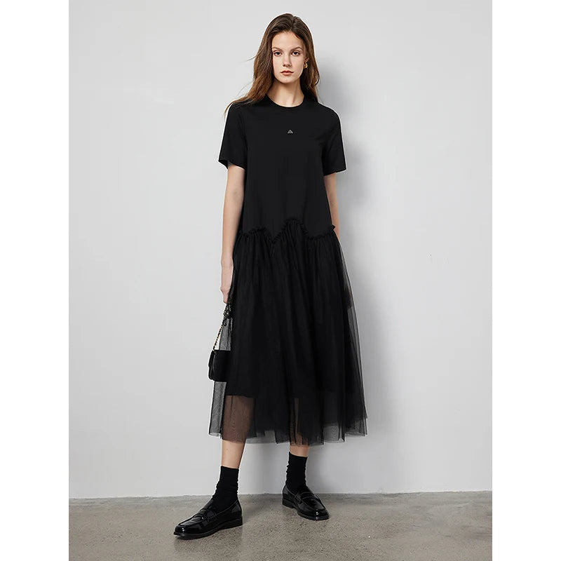 TOYOUTH Women Mesh Splicing T-Shirt Skirt 2024 Summer New Cool And Antibacterial Mid Length Skirt