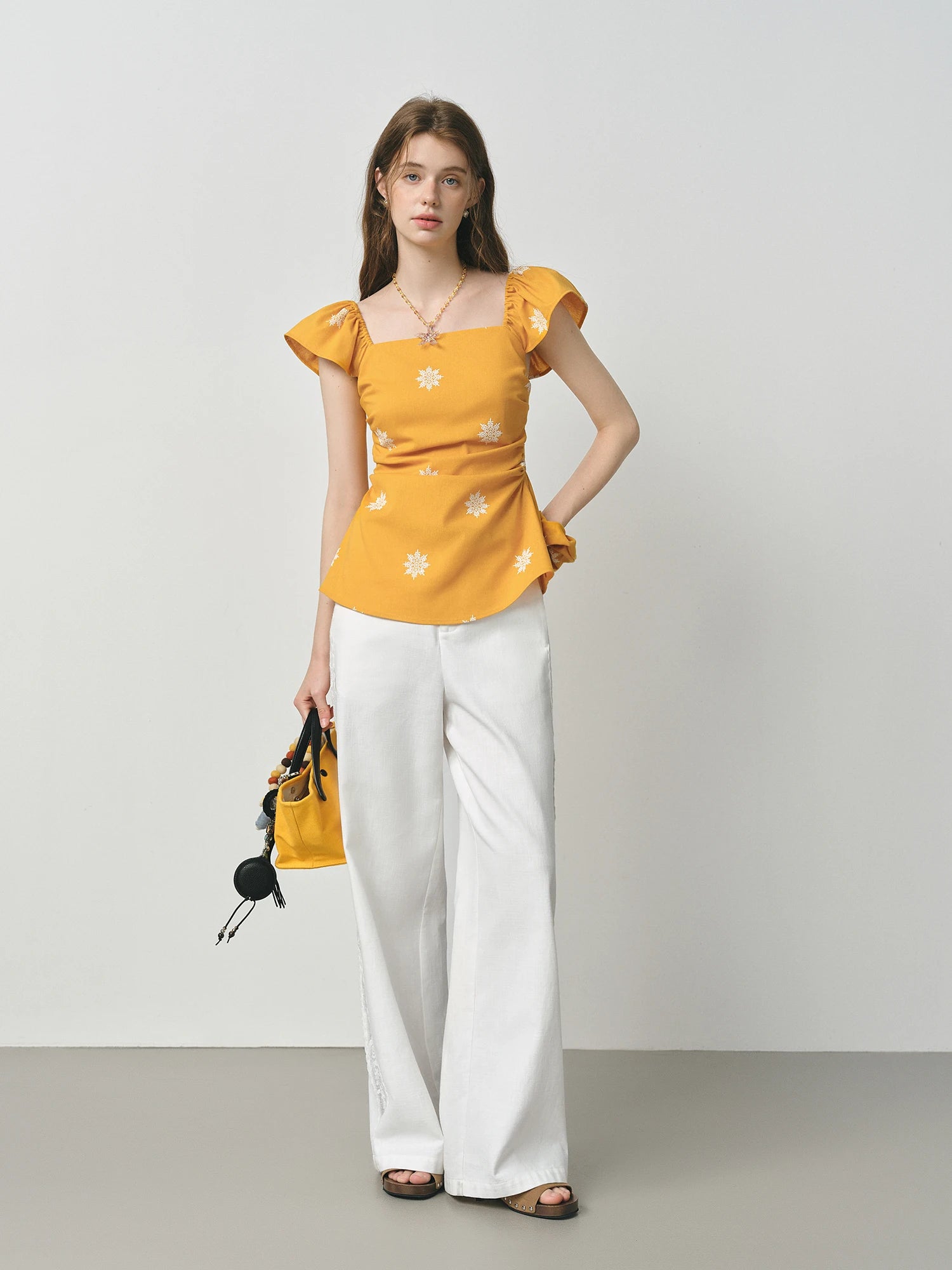 FSLE Vacation Linen Shirt Women's Flutter Sleeve French Style 2025 Summer Square Neck Top Coquette Y2K Trendy Blouse