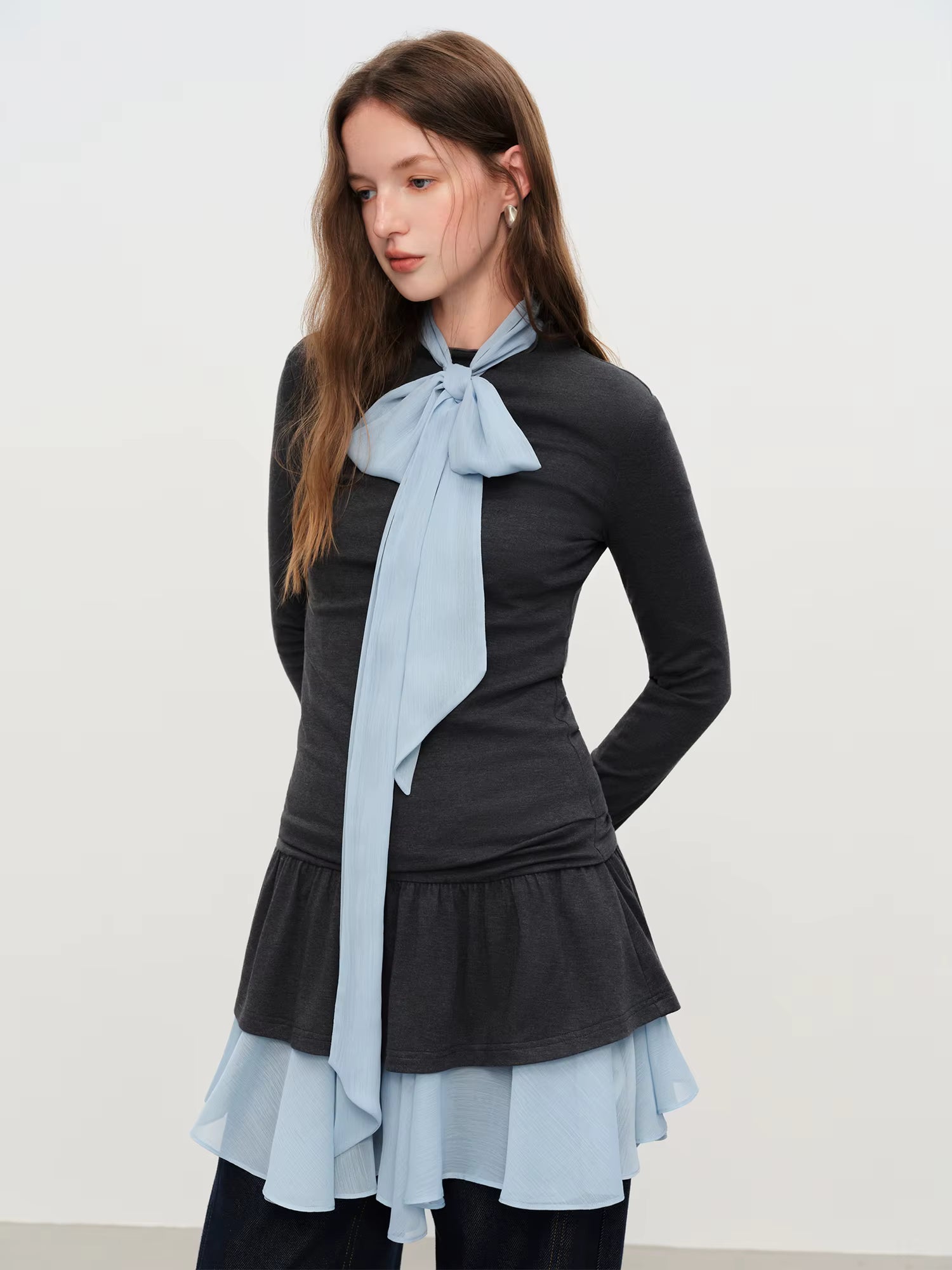 Korean Ballet Style Ruffled T-shirt Women's 2025 Autumn and Winter Chiffon Ribbon Shirt Layered Two-piece Suit