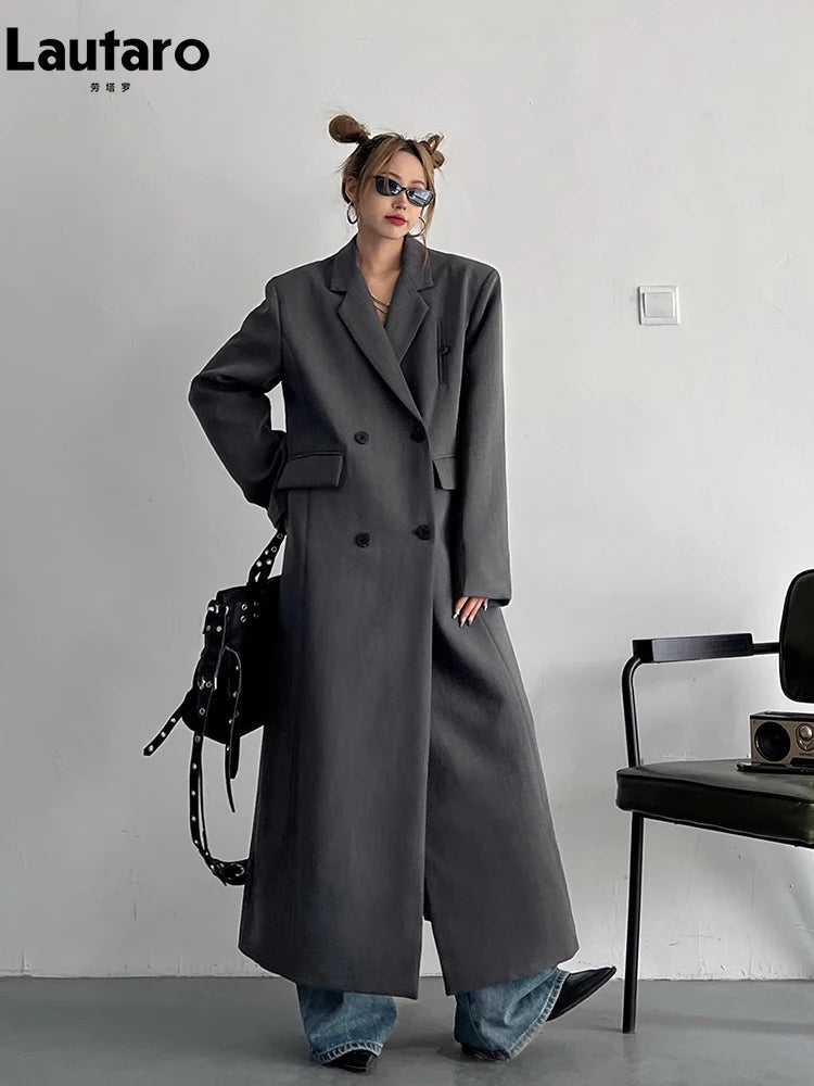 Lautaro Spring Autumn Long Grey Black Trench Coat for Women Double Breasted Loose Casual Korean Fashion Clothing Blazer 2023