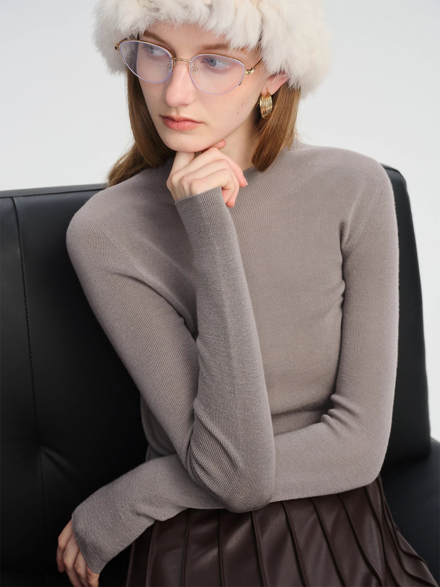 ZIQIAO Wool Sweater for Women Autumn and Winter New 18 Needle Nude Seamless Knitted Bottoming T-shirt