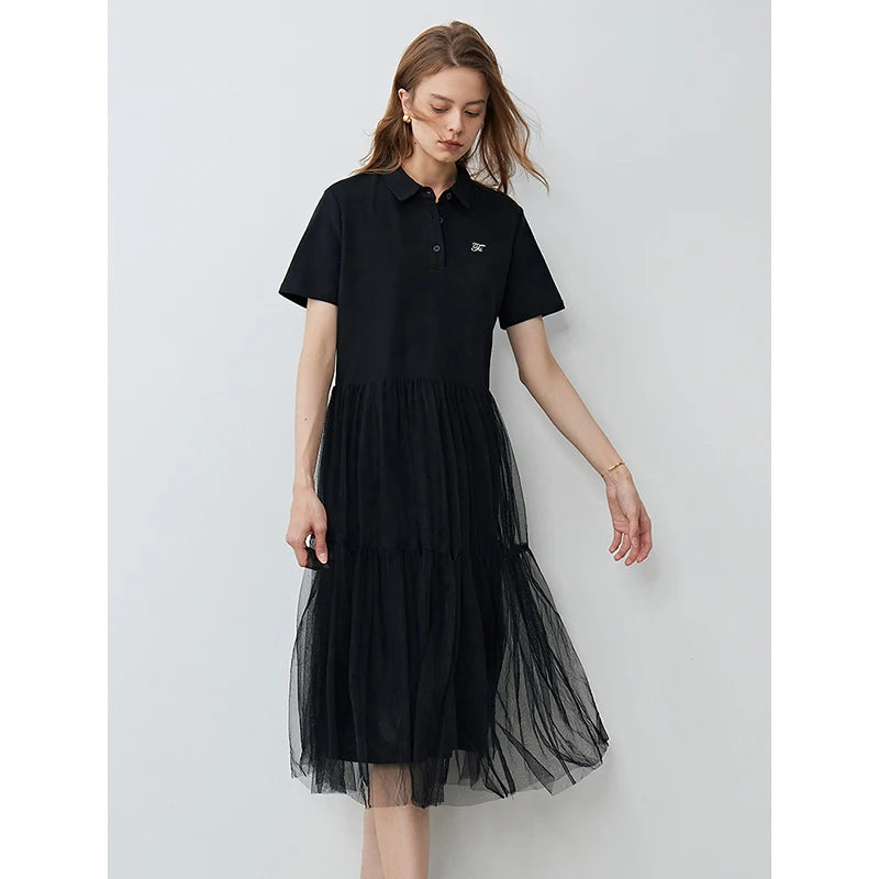 TOYOUTH Women Dresss 2024 Summer New POLO Collar Loose Fitting Mesh Patchwork Skirt