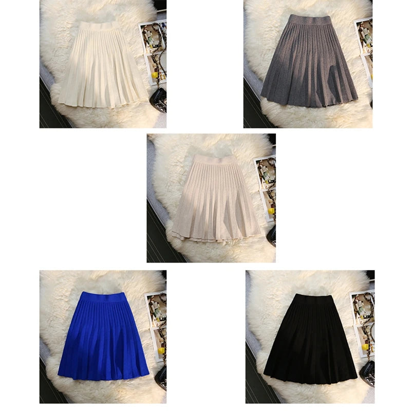 Autumn Winter Knitted Pleated Skirts Women's Elastic High Waist A-Line Umbrella Skirts Casual Sexy Slim Short Mini Skirts
