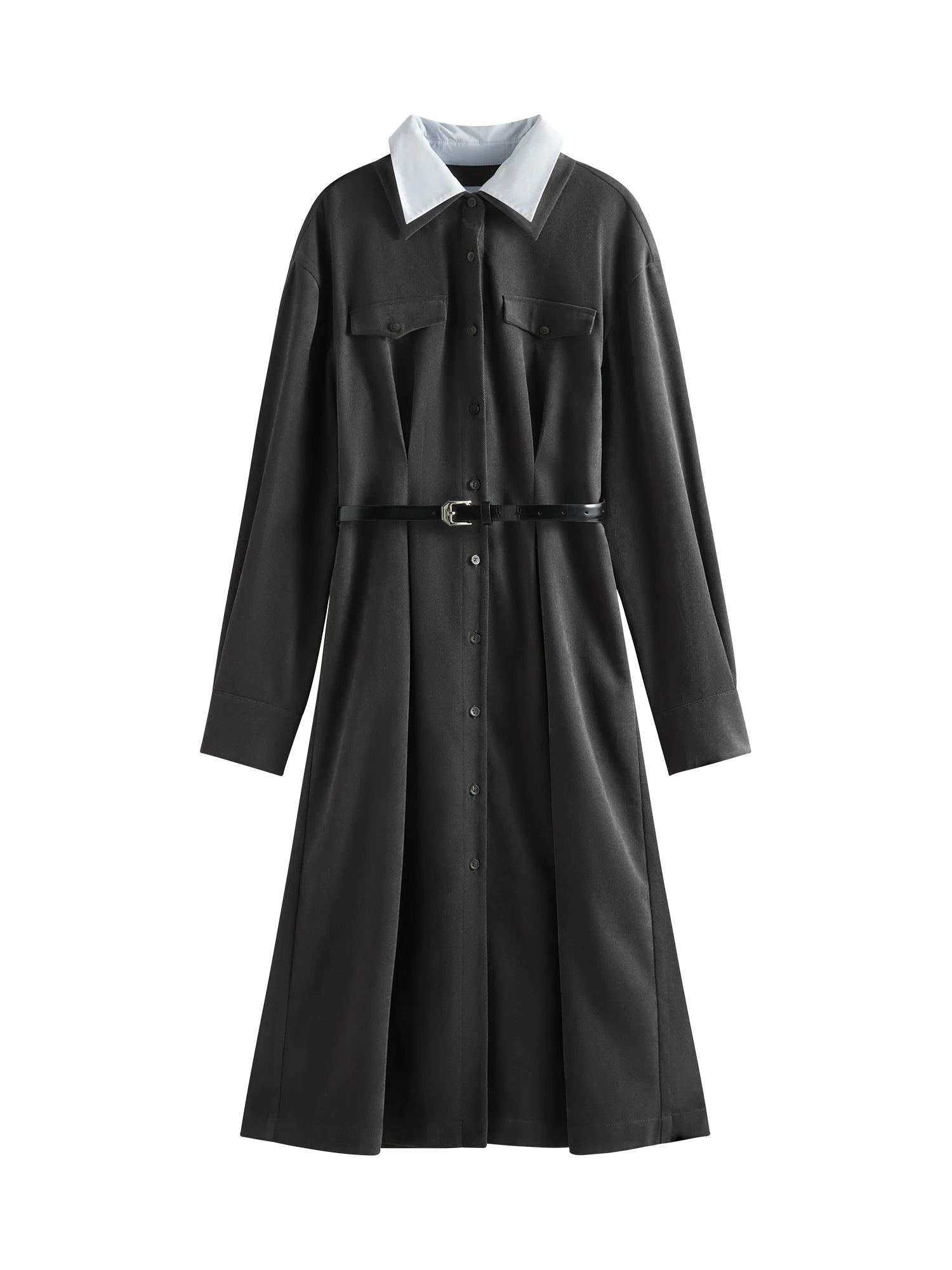 FSLE Women Winter Long Dress Fake Two Piece Patchwork Design Female Thicken Long Sleeve Dresses With Sashes 24FS14613