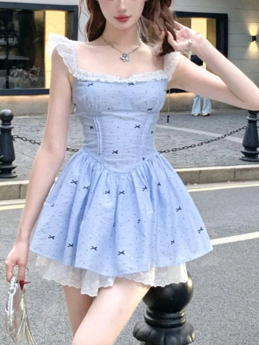 2024 Korean Fashion Sweet Party Mini Dress Women Casual Chic Strap Floral Dress Female Y2k Sleeveless Bow Kawaii Dress Summer