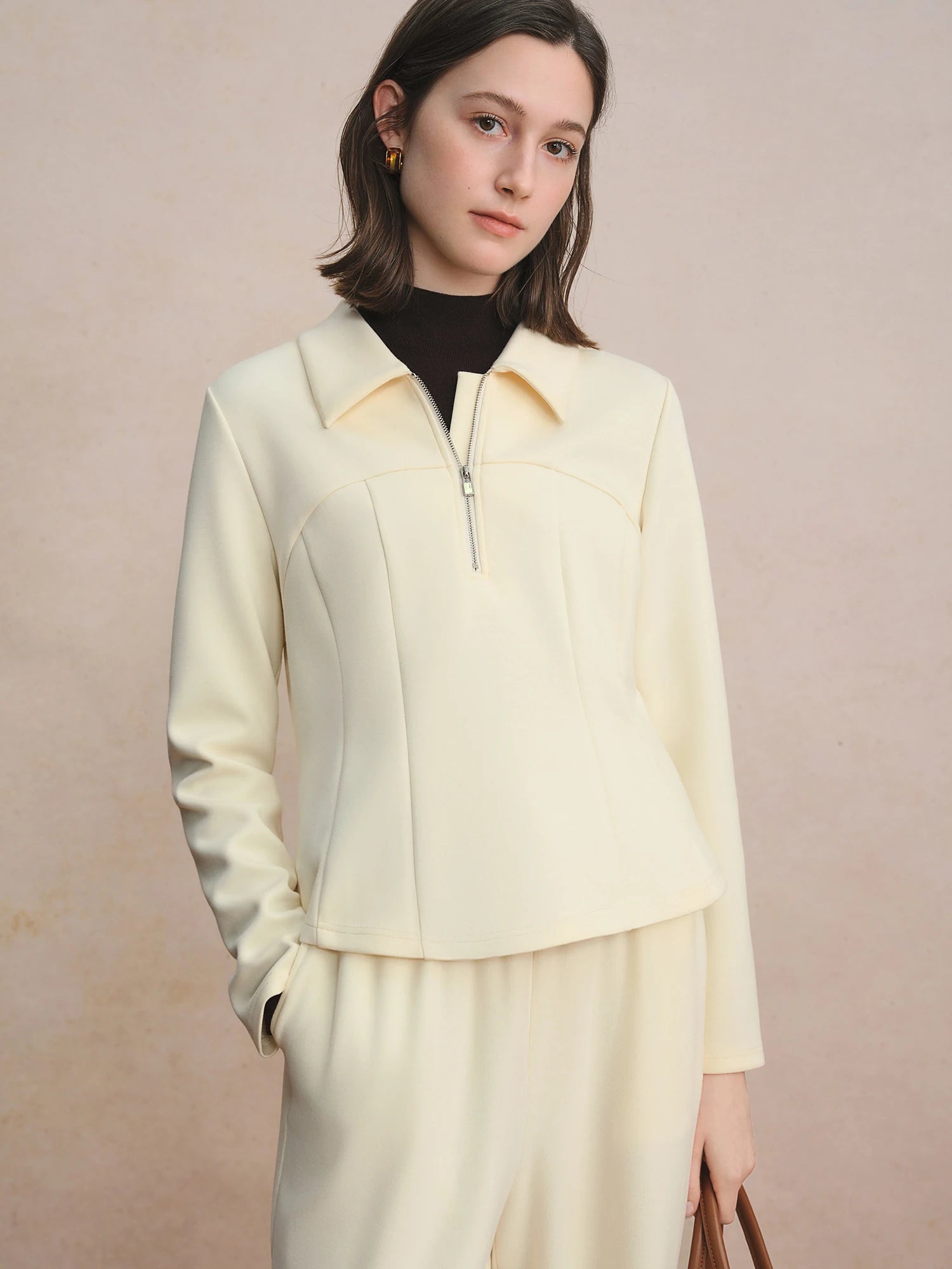 DUSHU Split Waist Zipper Lapel Top 2025 Autumn Temperament Sweatshirt Simple Women's Clothing Ins Clean Fit Commuting Outwear