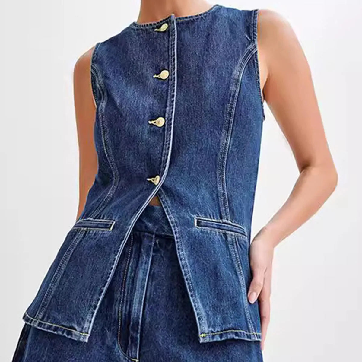 Summer Women's Denim Shorts Suit Sleeveless O-neck Single Breasted Split Top Vest High Waist Wide Leg Shorts 2024 Lady Sets