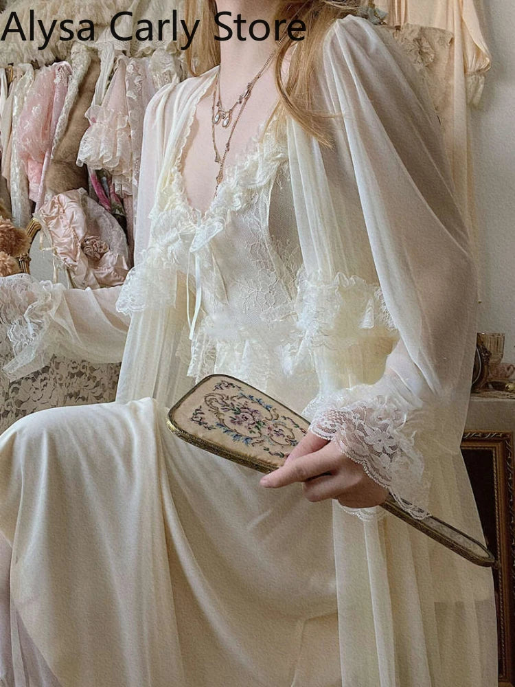 French Sweet Vintage Autumn Lace  Court Chiffon Elegant Long Strap Sleepwear