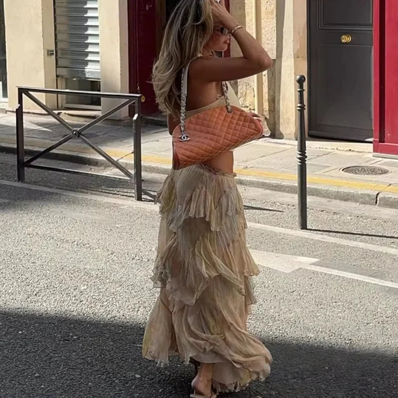 Boho Ruffled Watercolour Maxi Skirt in Pastel Chiffon