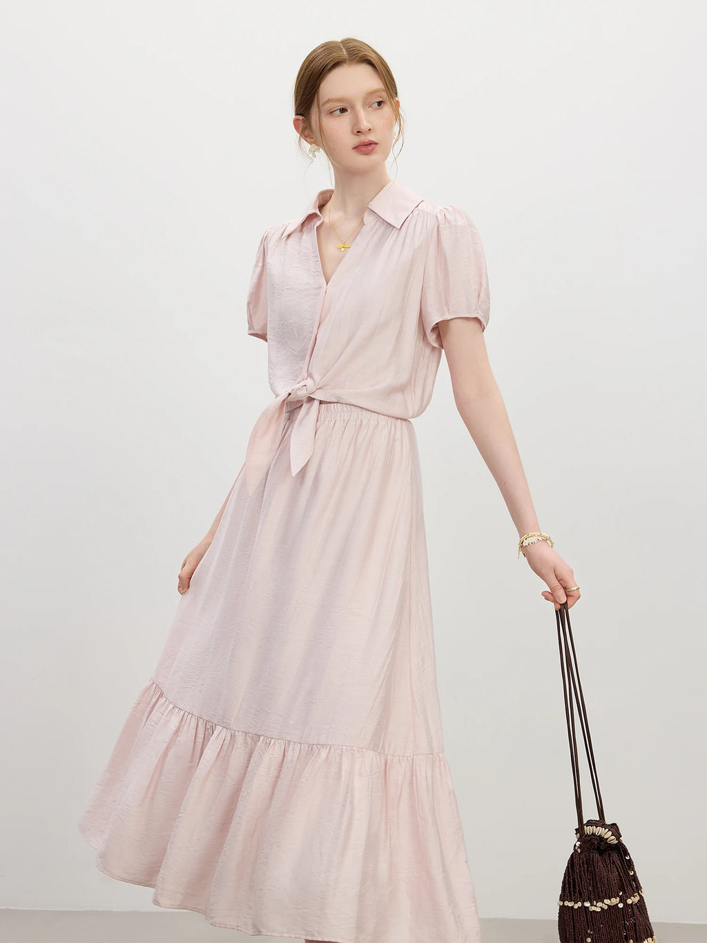 FSLE 2025 Summer French Style Dress Women's High Waist Vacation Dress Lapel Casual Elegant Midi Dress Trendy