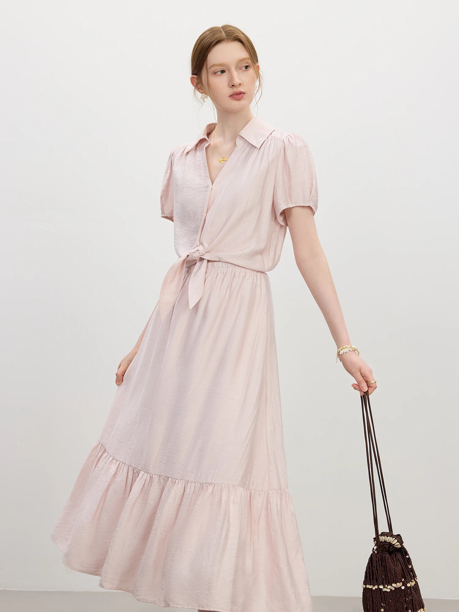 FSLE 2025 Summer French Style Dress Women's High Waist Vacation Dress Lapel Casual Elegant Midi Dress Trendy