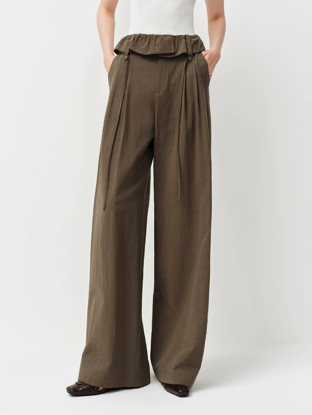 Lace Hem High-Waisted Wide-Leg Tros Commuting Casual Essentials Women Spring 2025 New Arrival Casual Pants Cotton Contain