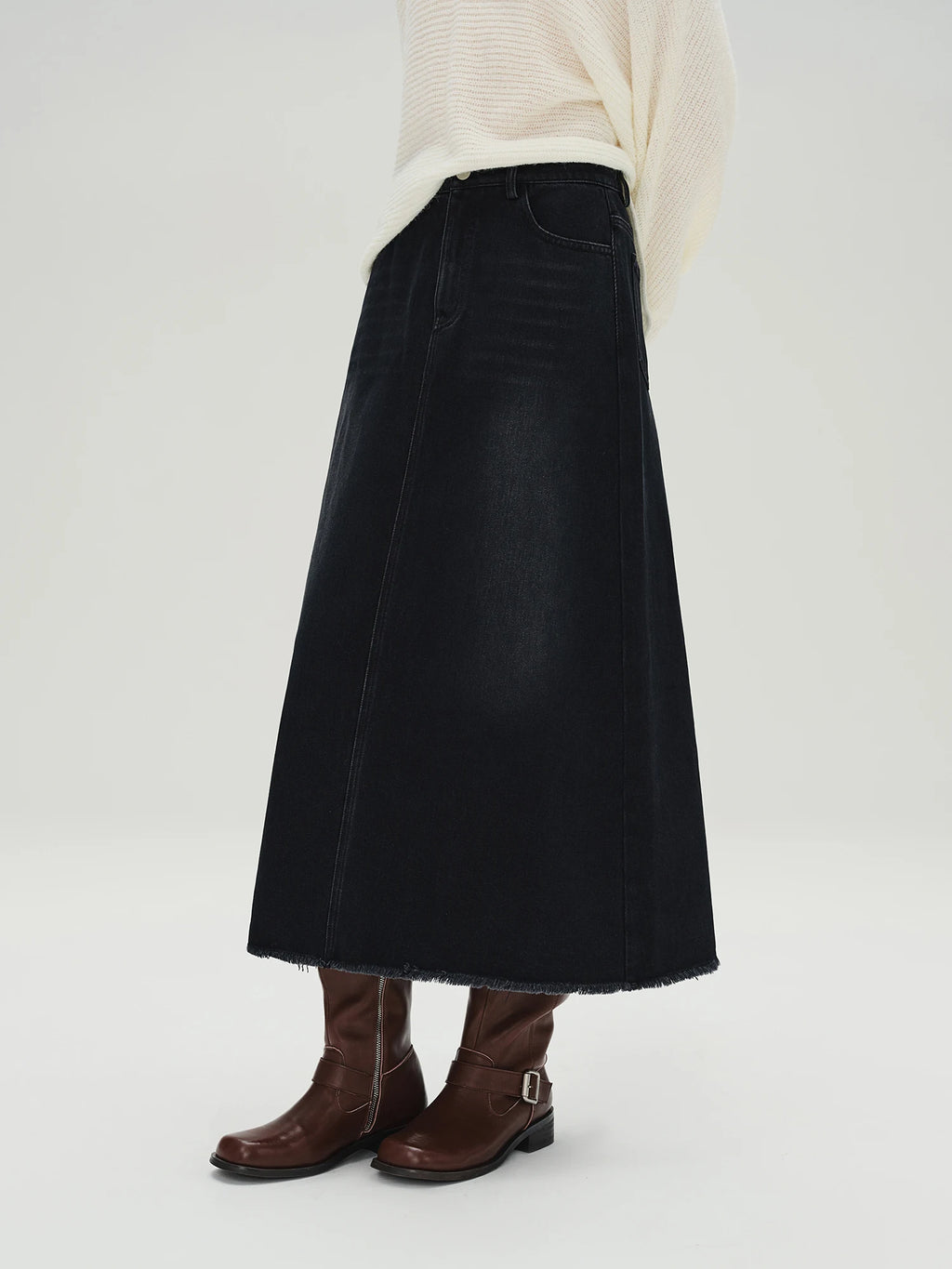 DUSHU Plus Size Women's Black Denim Skirt High Waist Slimming Long Midi Skirt 2025 Autumn Winter New Classic Stretch Casual Wear