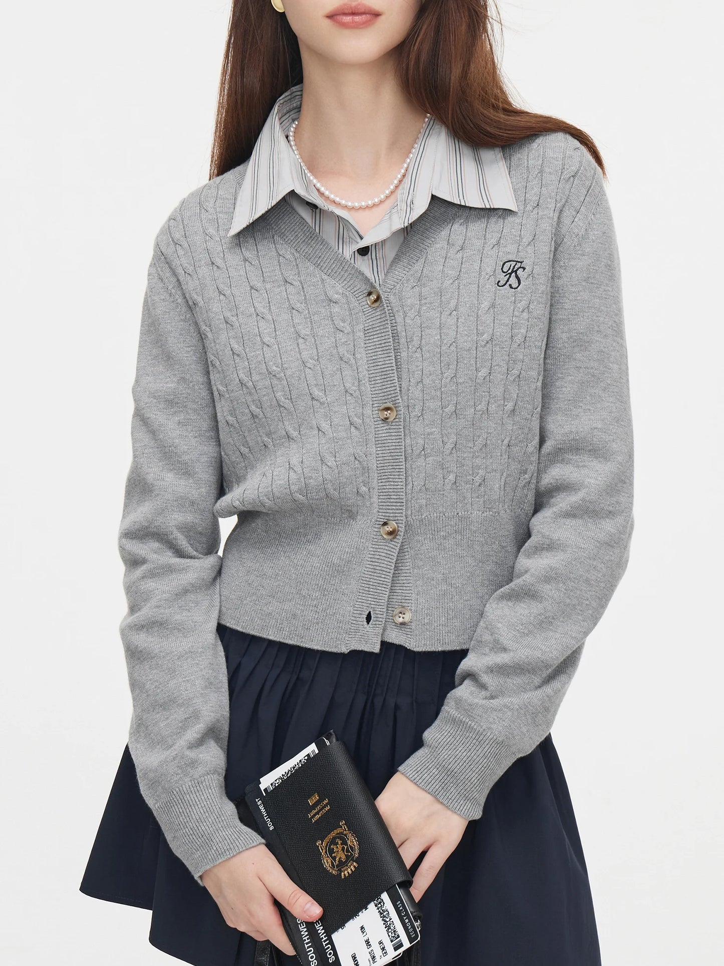 FSLE Women Grey Sweater Cardigans V-neck Single Breasted Office Lady Autumn New Short Knitted Long Sleeve Coats 24FS13163