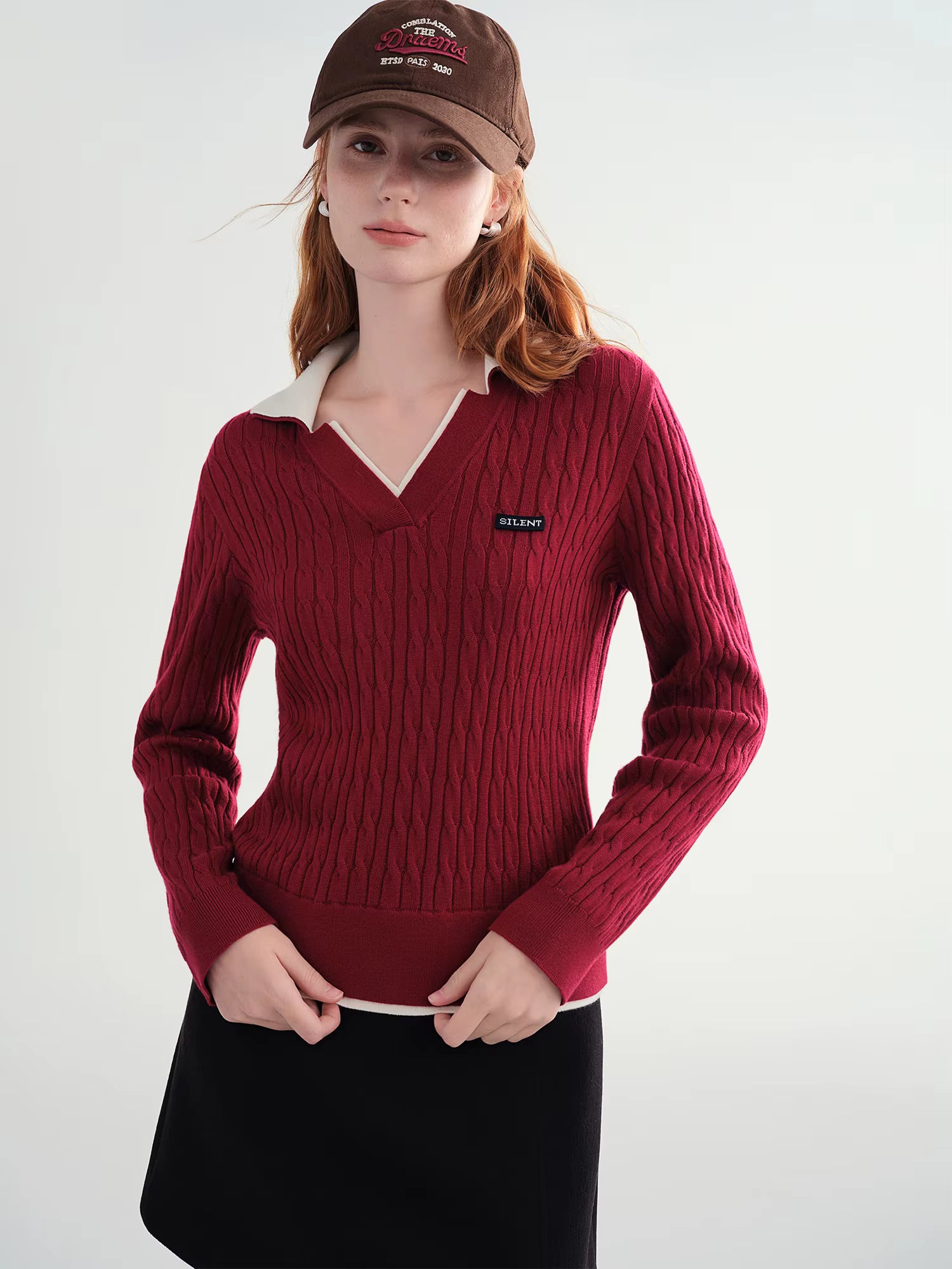 Contrast Color V-neck Cable Knit Sweater 2025 Winter New Products Long Sleeve Pullovers Solid Leisure Korean Style