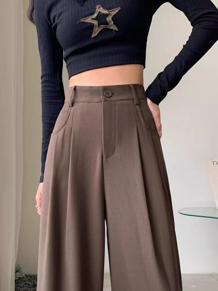 High Waist Wide Leg Pants Women Spring Fall Baggy Black Trouser Office Ladies Full Length Straight Suit Pant Outwear New