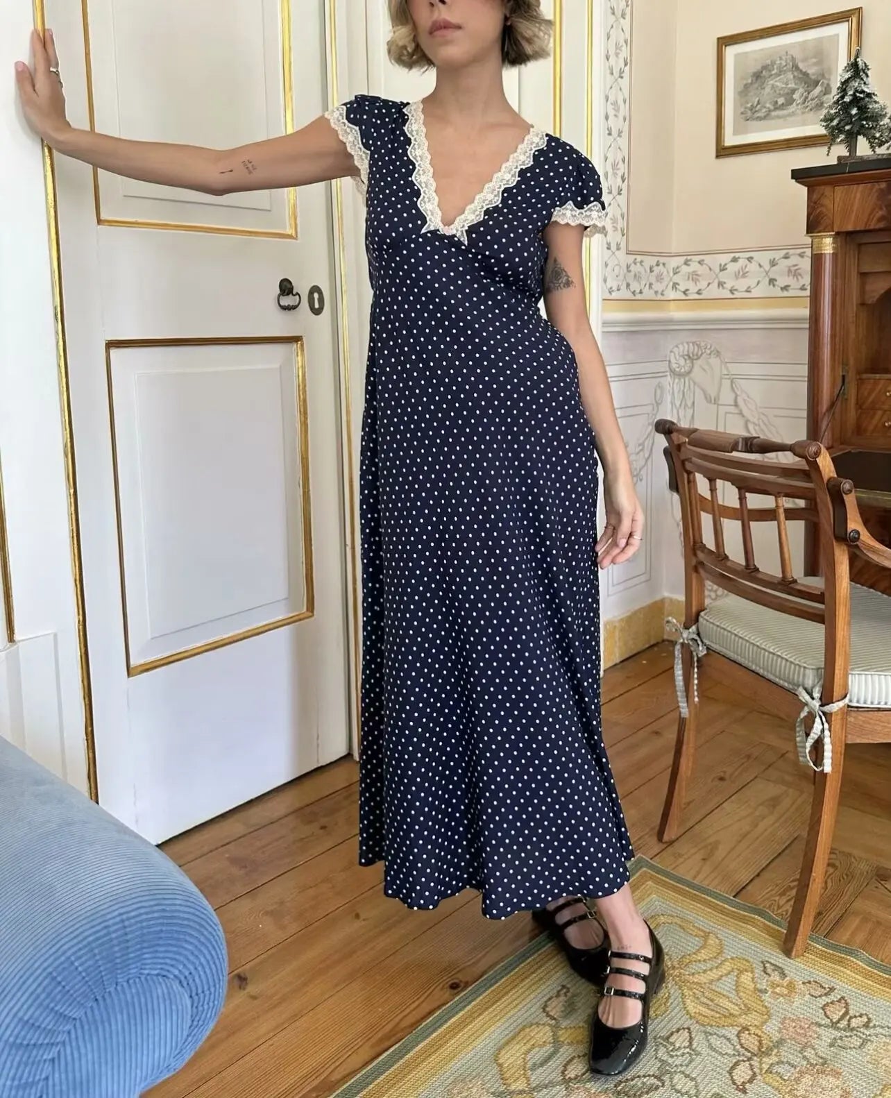 Elegant Navy V Neck Polka Dot Print Lace Trim Dress
