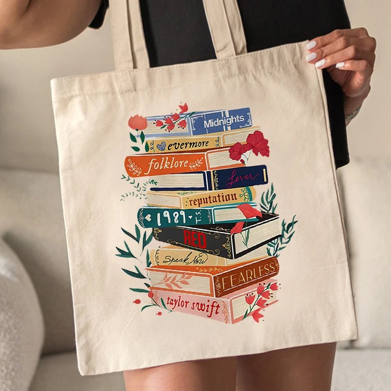 Taylor Albums Book Pattern Tote Bag Canvas Shoulder Bag for Travel Daily Commute Best Gift for Swifties Trendy Merch for TS Fans
