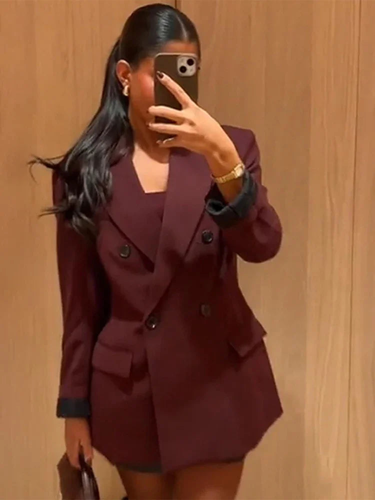 Women Burgundy Red Blazers Coats Vintage Lapel Double Breasted Long Sleeve Suit Jacket 2024 Autumn Elegant Lady Office Outwear