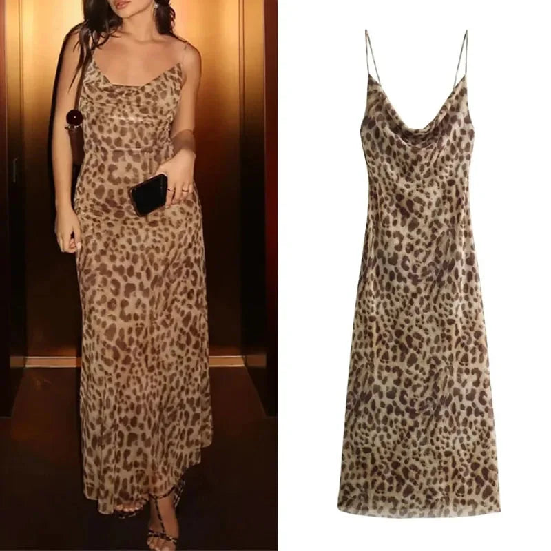 ASDS Leopard Print Long Dress Women Tulle Backless Slip Dress Woman Summer Sexy Holiday Dresses 2024 Vintage Midi Party Dresses