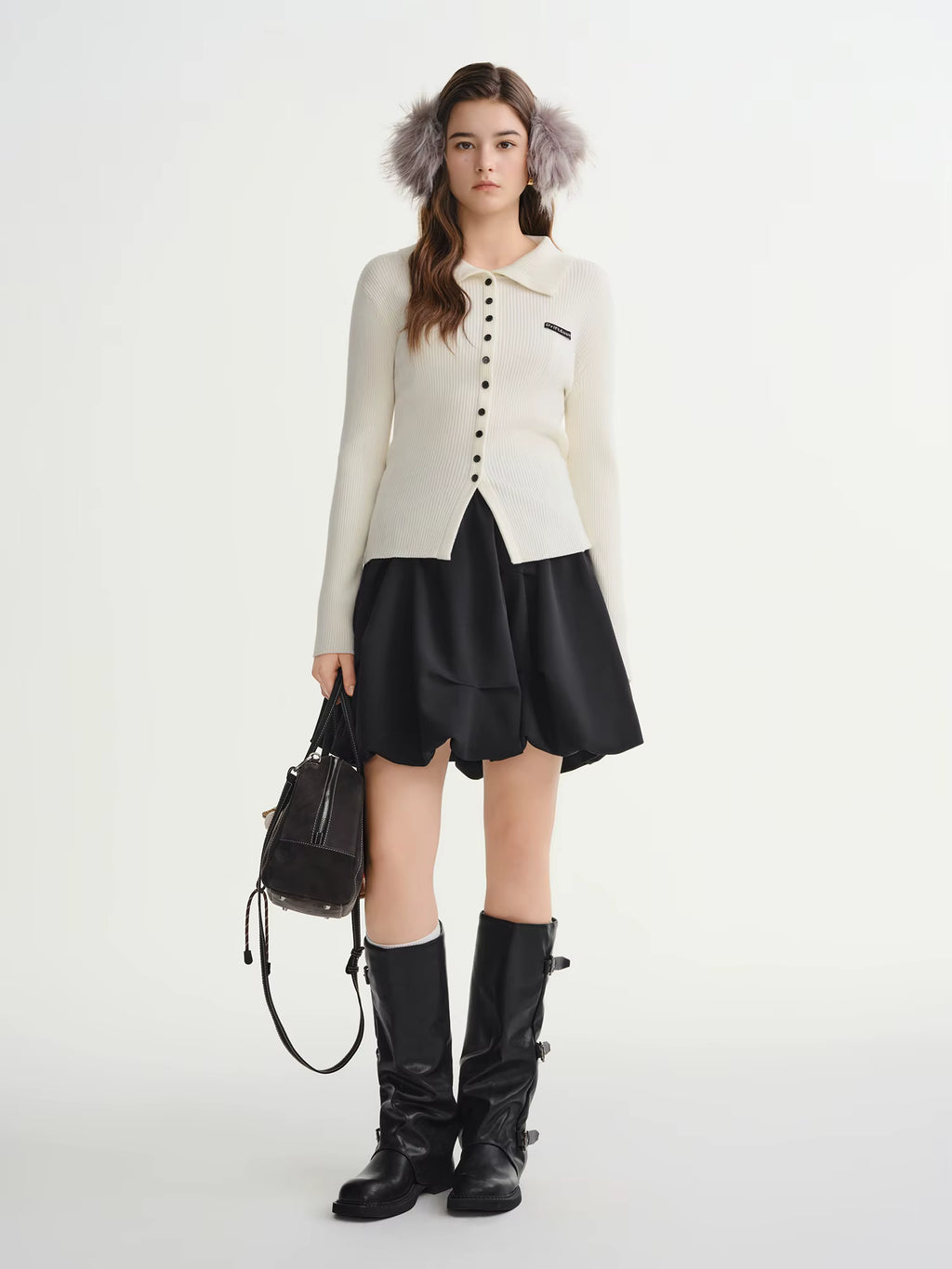 Puffy Pleated Bud Skirt Sets Women Long Sleeve Slim Cardigans 2025 Winter New Mini Skirt Simple Clean Fit Sweet Girlish