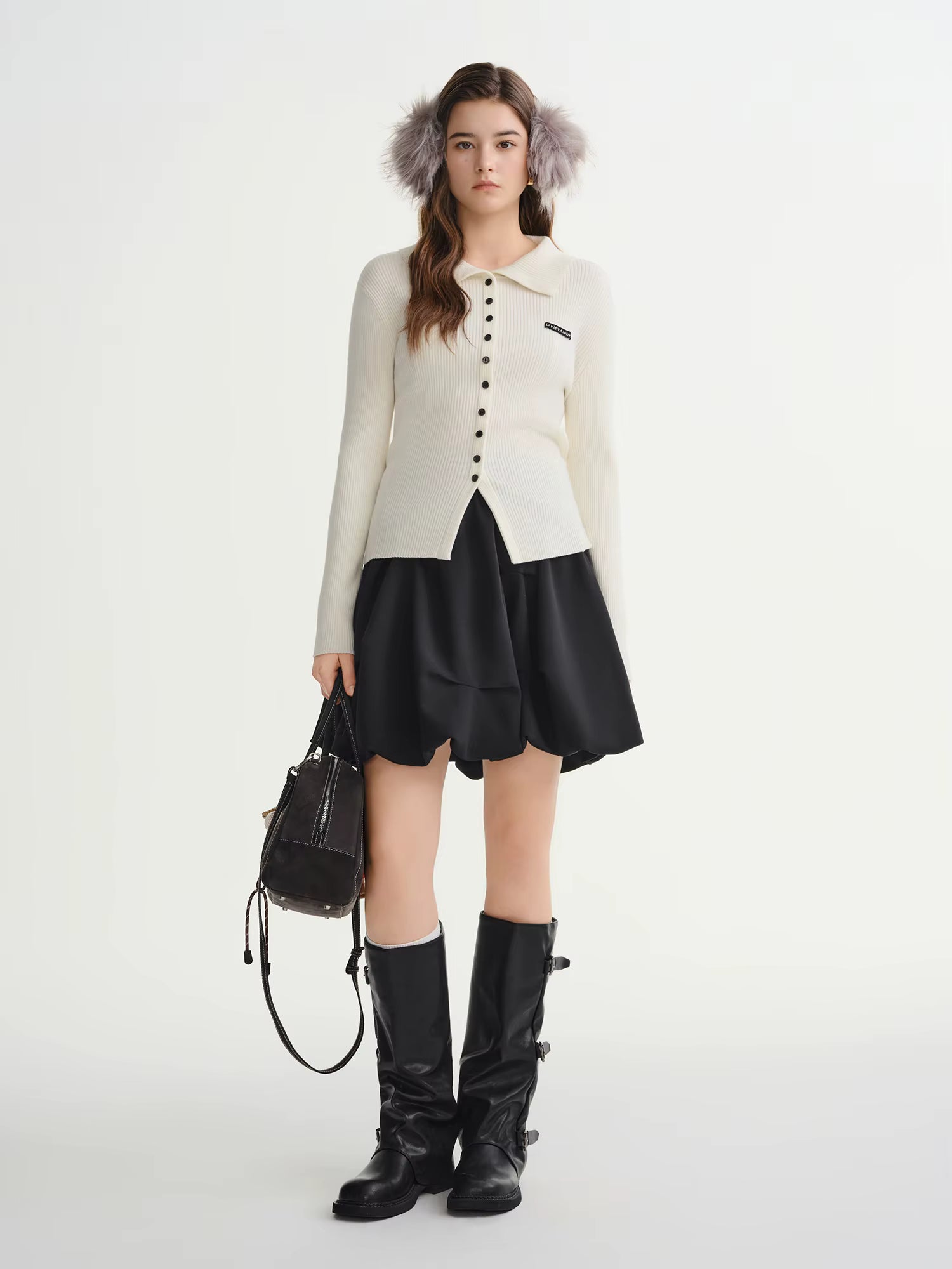 Puffy Pleated Bud Skirt Sets Women Long Sleeve Slim Cardigans 2025 Winter New Mini Skirt Simple Clean Fit Sweet Girlish