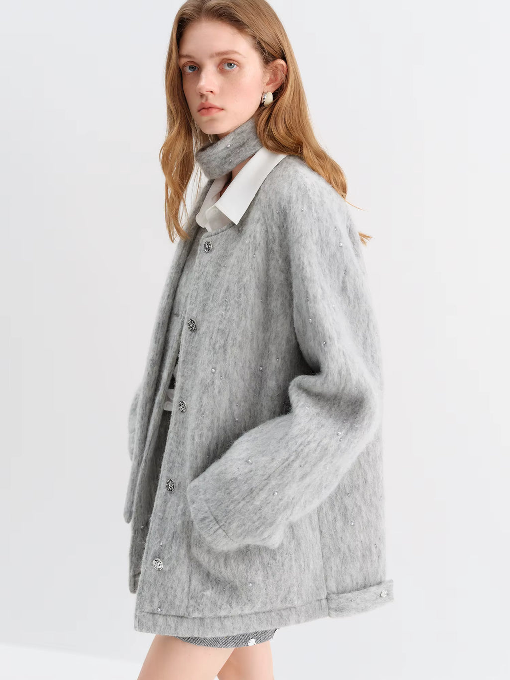 2025 Winter Women's Light Grey Wool Scarf Collar Short Coat - Elegant Pearl-Inspired Design for Casual and Office Wear