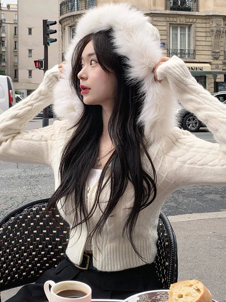 Rockmore Furry Hooded Sweaters Coat Autumn Winter Women Casual Hoodie Y2K Zipper Cropped Sweater Jacket Korean Female Knitwear