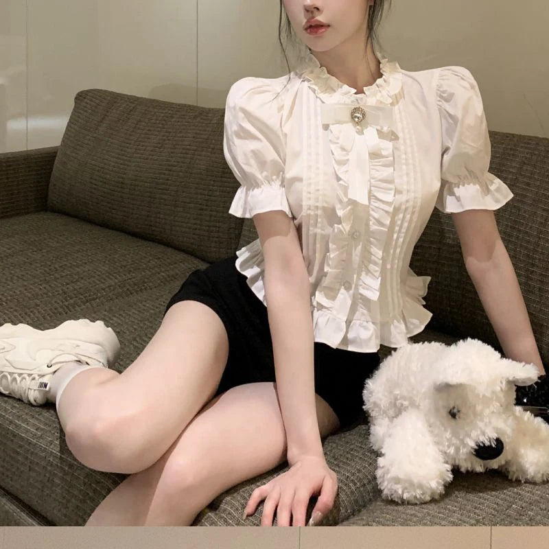 Gidyq White Elegant Shirt Women Summer Sweet Cute Puff Sleeve Crop Top Korean Ruffles Chic Slim Vintage Office Ladies Blouse New