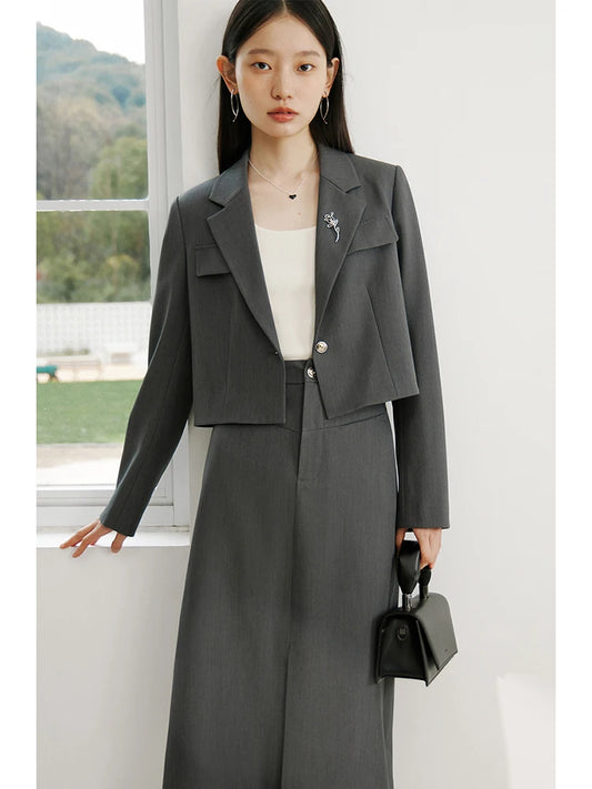 ZIQIAO Temperament One-button Brooch Short Suit for Women Spring Chic Commuter Straight Long Skirt + Short Blazer Jacket Female